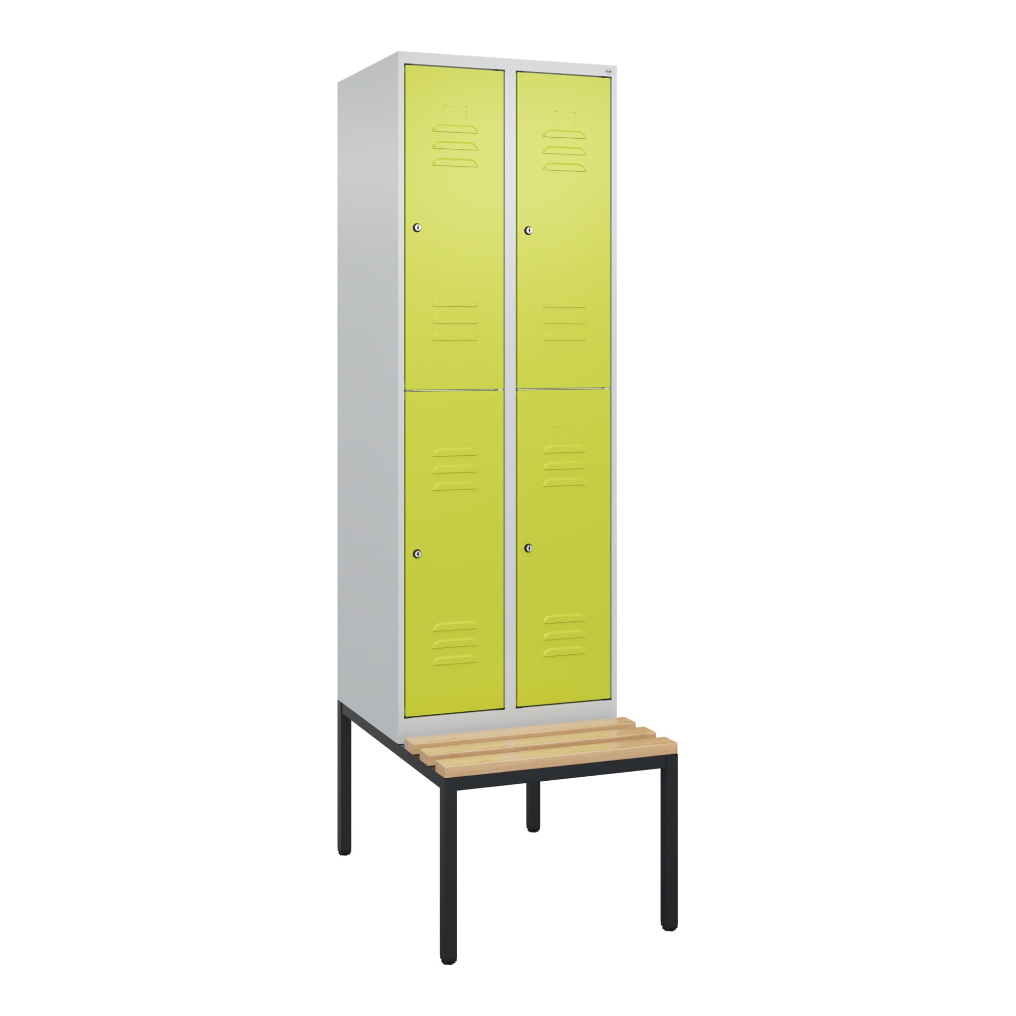C+P Doppelstock-Spind Classic PLUS, Bank, 2 Abteile, 2120x600x815mm, 7035/0024 Verschluss Zylinderschloss Sitzbanktyp untergebaut Material Sitzfläche