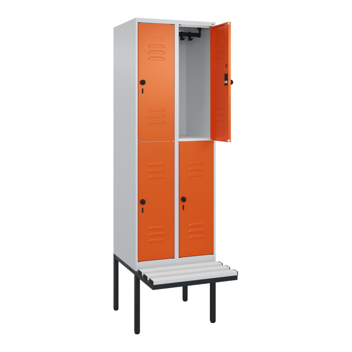 C+P Doppelstock-Spind Classic PLUS, Bank, 2 Abteile, 2120x600x815mm, 7035/2004 Verschluss Sicherheits-Drehriegel Sitzbanktyp auskragend Material Sitzfläche Kunststoff