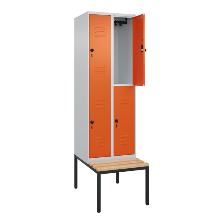 C+P Doppelstock-Spind Classic PLUS, Bank, 2 Abteile, 2120x600x815mm, 7035/2004 Verschluss Sicherheits-Drehriegel Sitzbanktyp untergebaut Material Sitzfläche Buche-Hartholz