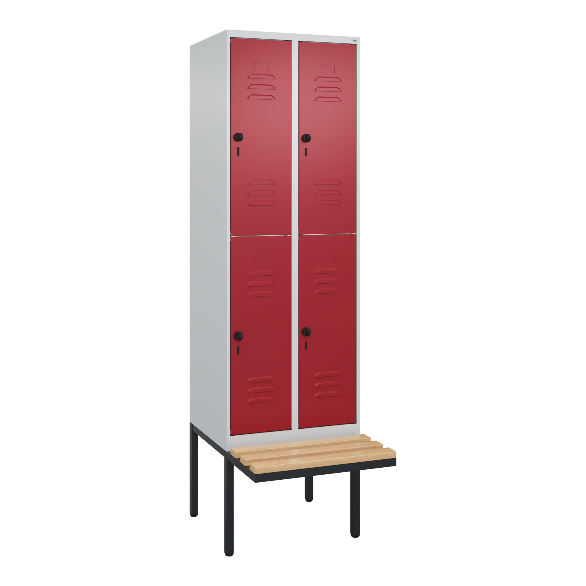 C+P Doppelstock-Spind Classic PLUS, Bank, 2 Abteile, 2120x600x815mm, 7035/3003 Verschluss Sicherheits-Drehriegel Sitzbanktyp auskragend Material Sitzf