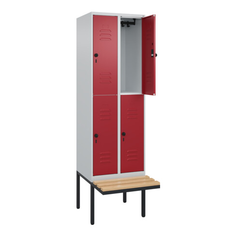 C+P Doppelstock-Spind Classic PLUS, Bank, 2 Abteile, 2120x600x815mm, 7035/3003 Verschluss Sicherheits-Drehriegel Sitzbanktyp auskragend Material Sitzfläche Buche-Hartholz