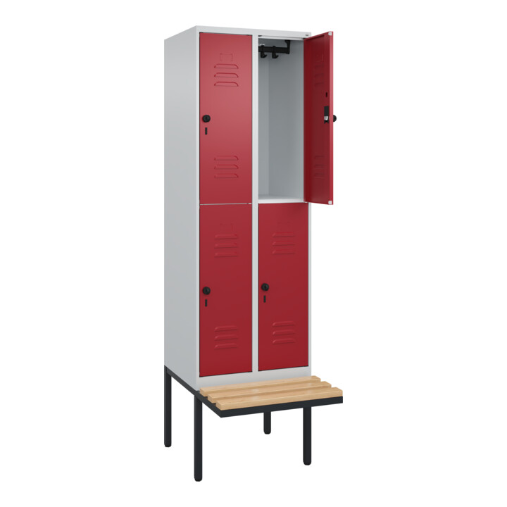 C+P Doppelstock-Spind Classic PLUS, Bank, 2 Abteile, 2120x600x815mm, 7035/3003 Verschluss Sicherheits-Drehriegel Sitzbanktyp auskragend Material Sitzfläche Buche-Hartholz
