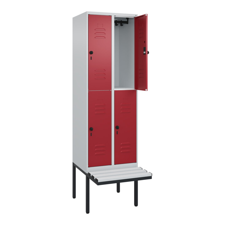 C+P Doppelstock-Spind Classic PLUS, Bank, 2 Abteile, 2120x600x815mm, 7035/3003 Verschluss Sicherheits-Drehriegel Sitzbanktyp auskragend Material Sitzfläche Kunststoff