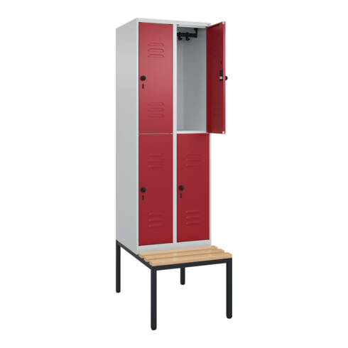 C+P Doppelstock-Spind Classic PLUS, Bank, 2 Abteile, 2120x600x815mm, 7035/3003 Verschluss Sicherheits-Drehriegel Sitzbanktyp untergebaut Material Sitzfläche Buche-Hartholz