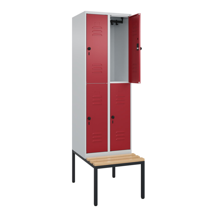 C+P Doppelstock-Spind Classic PLUS, Bank, 2 Abteile, 2120x600x815mm, 7035/3003 Verschluss Sicherheits-Drehriegel Sitzbanktyp untergebaut Material Sitzfläche Buche-Hartholz