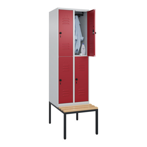 C+P Doppelstock-Spind Classic PLUS, Bank, 2 Abteile, 2120x600x815mm, 7035/3003 Verschluss Sicherheits-Drehriegel Sitzbanktyp untergebaut Material Sitzfläche Buche-Hartholz
