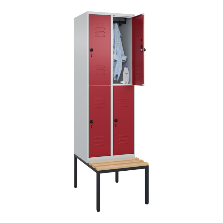 C+P Doppelstock-Spind Classic PLUS, Bank, 2 Abteile, 2120x600x815mm, 7035/3003 Verschluss Sicherheits-Drehriegel Sitzbanktyp untergebaut Material Sitzfläche Buche-Hartholz