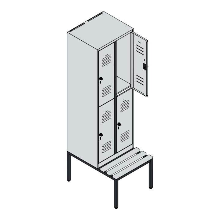 C+P Doppelstock-Spind Classic PLUS, Bank, 2 Abteile, 2120x600x815mm, 7035/3003 Verschluss Sicherheits-Drehriegel Sitzbanktyp untergebaut Material Sitzfläche Buche-Hartholz