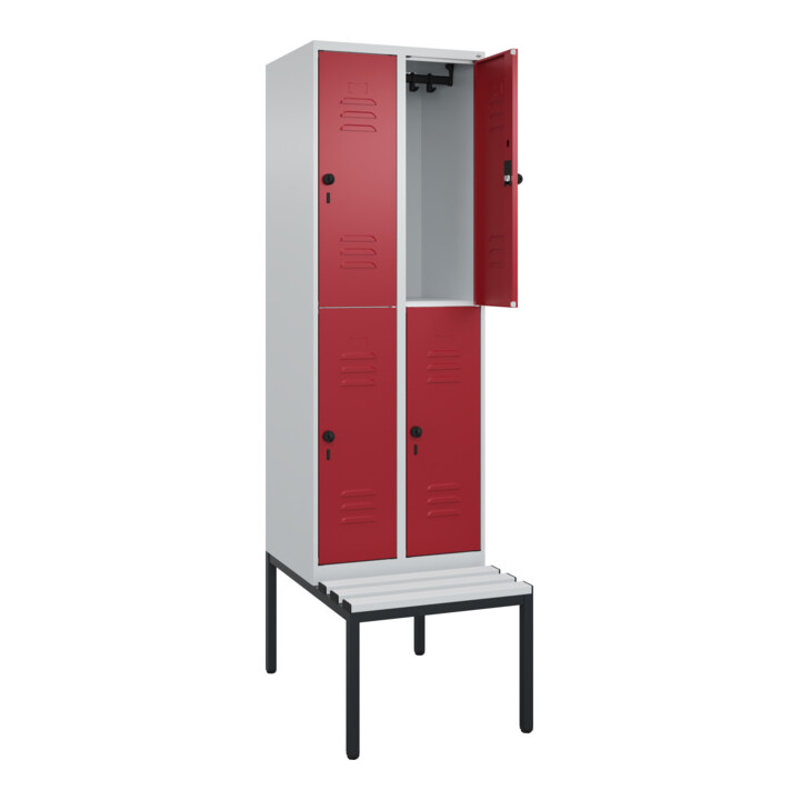 C+P Doppelstock-Spind Classic PLUS, Bank, 2 Abteile, 2120x600x815mm, 7035/3003 Verschluss Sicherheits-Drehriegel Sitzbanktyp untergebaut Material Sitzfläche Kunststoff