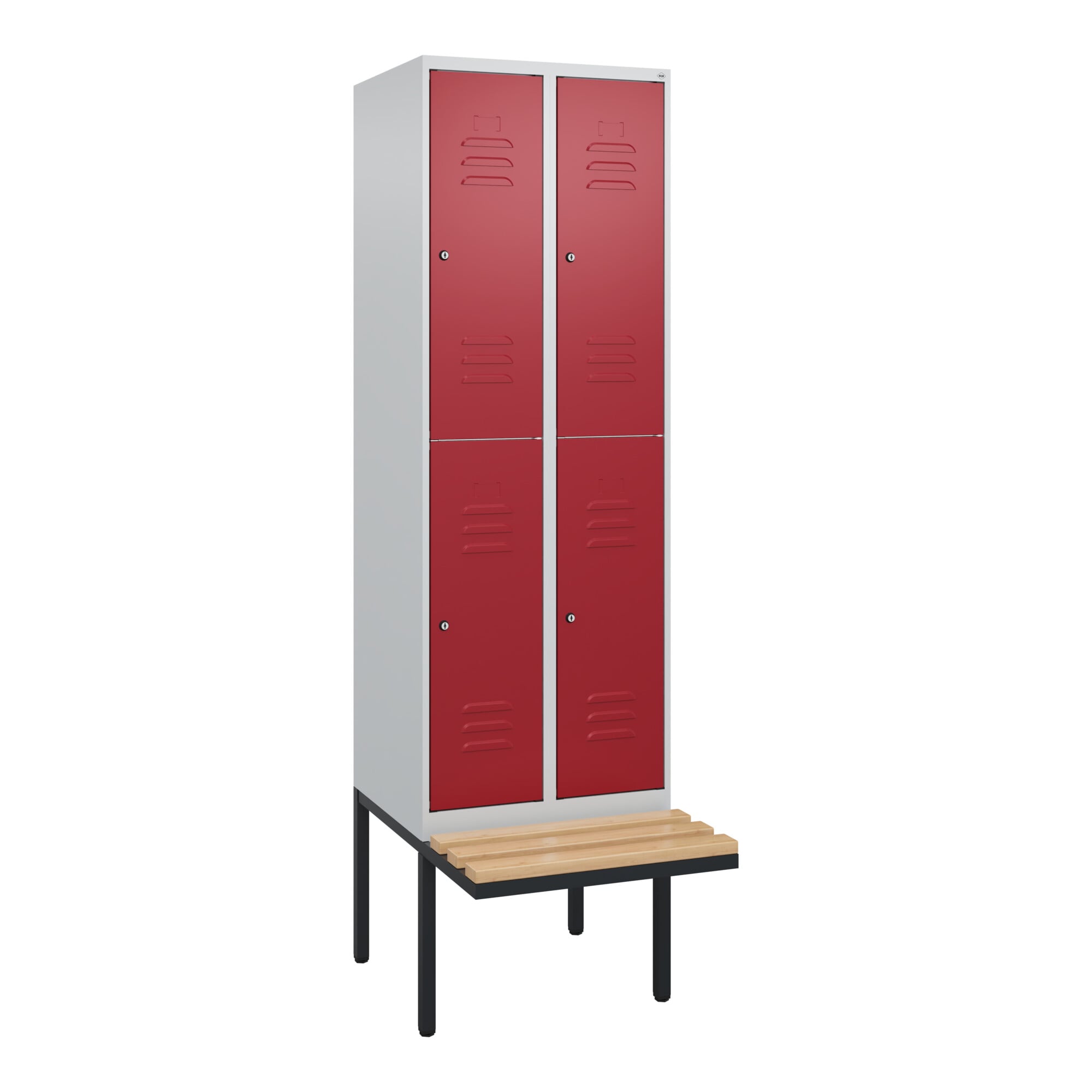 C+P Doppelstock-Spind Classic PLUS, Bank, 2 Abteile, 2120x600x815mm, 7035/3003 Verschluss Zylinderschloss Sitzbanktyp auskragend Material Sitzfläche B