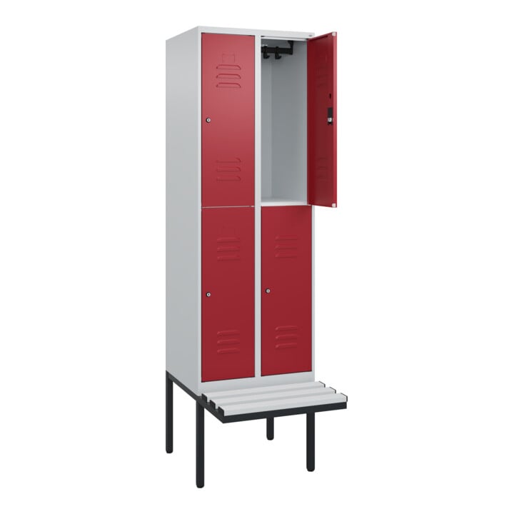 C+P Doppelstock-Spind Classic PLUS, Bank, 2 Abteile, 2120x600x815mm, 7035/3003 Verschluss Zylinderschloss Sitzbanktyp auskragend Material Sitzfläche Kunststoff