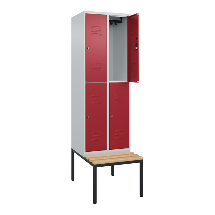 C+P Doppelstock-Spind Classic PLUS, Bank, 2 Abteile, 2120x600x815mm, 7035/3003 Verschluss Zylinderschloss Sitzbanktyp untergebaut Material Sitzfläche Buche-Hartholz