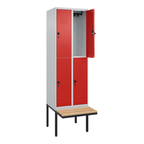 C+P Doppelstock-Spind Classic PLUS, Bank, 2 Abteile, 2120x600x815mm, 7035/3020 Verschluss Sicherheits-Drehriegel Sitzbanktyp auskragend Material Sitzfläche Buche-Hartholz