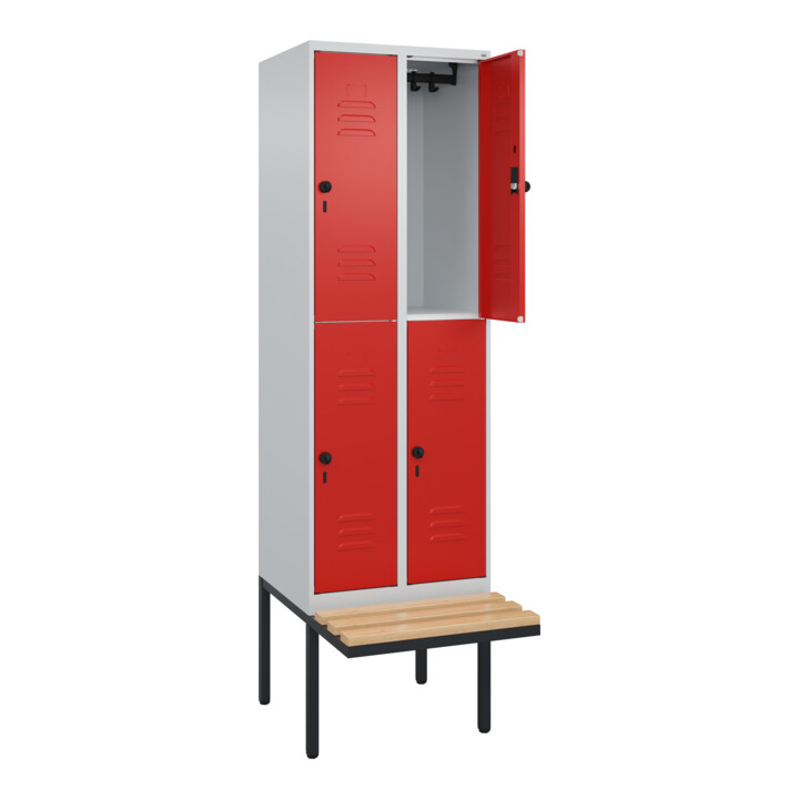 C+P Doppelstock-Spind Classic PLUS, Bank, 2 Abteile, 2120x600x815mm, 7035/3020 Verschluss Sicherheits-Drehriegel Sitzbanktyp auskragend Material Sitzfläche Buche-Hartholz