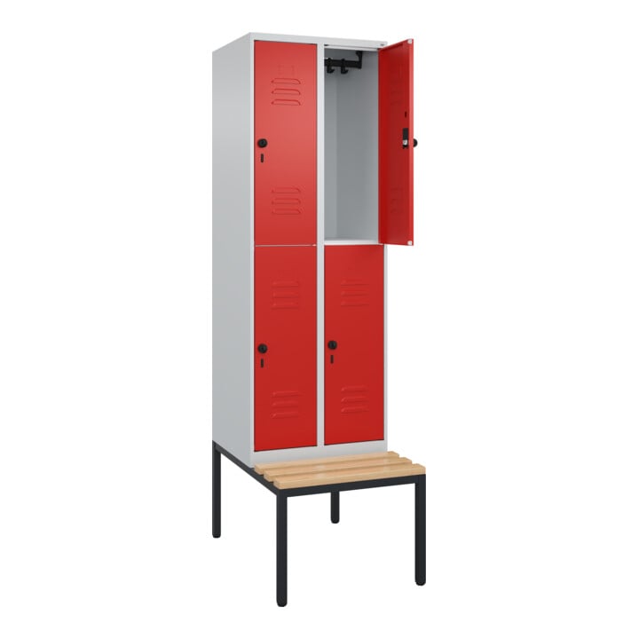 C+P Doppelstock-Spind Classic PLUS, Bank, 2 Abteile, 2120x600x815mm, 7035/3020 Verschluss Sicherheits-Drehriegel Sitzbanktyp untergebaut Material Sitzfläche Buche-Hartholz