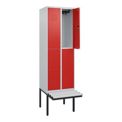 C+P Doppelstock-Spind Classic PLUS, Bank, 2 Abteile, 2120x600x815mm, 7035/3020 Verschluss Zylinderschloss Sitzbanktyp auskragend Material Sitzfläche Kunststoff
