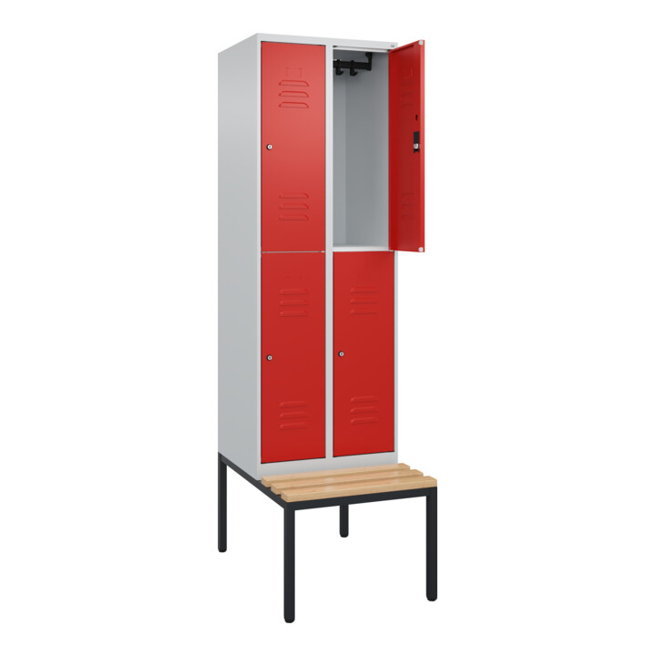 C+P Doppelstock-Spind Classic PLUS, Bank, 2 Abteile, 2120x600x815mm, 7035/3020 Verschluss Zylinderschloss Sitzbanktyp untergebaut Material Sitzfläche Buche-Hartholz