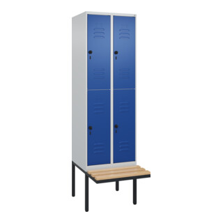 C+P Doppelstock-Spind Classic PLUS, Bank, 2 Abteile, 2120x600x815mm, 7035/5010 Verschluss Sicherheits-Drehriegel Sitzbanktyp auskragend Material Sitzfläche Buche-Hartholz