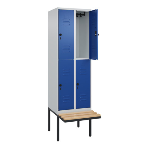 C+P Doppelstock-Spind Classic PLUS, Bank, 2 Abteile, 2120x600x815mm, 7035/5010 Verschluss Sicherheits-Drehriegel Sitzbanktyp auskragend Material Sitzfläche Buche-Hartholz
