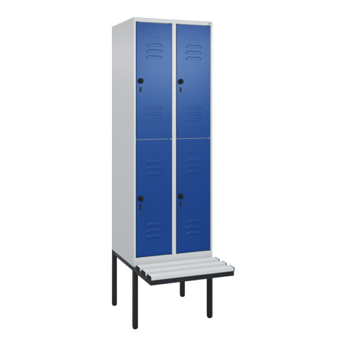 C+P Doppelstock-Spind Classic PLUS, Bank, 2 Abteile, 2120x600x815mm, 7035/5010 Verschluss Sicherheits-Drehriegel Sitzbanktyp auskragend Material Sitzfläche Kunststoff