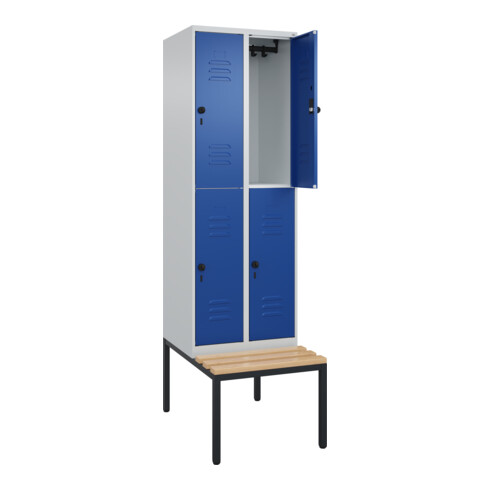 C+P Doppelstock-Spind Classic PLUS, Bank, 2 Abteile, 2120x600x815mm, 7035/5010 Verschluss Sicherheits-Drehriegel Sitzbanktyp untergebaut Material Sitzfläche Buche-Hartholz