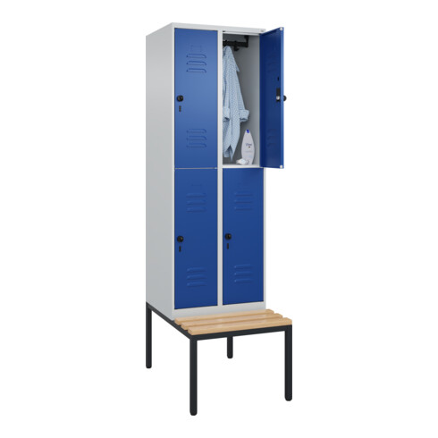 C+P Doppelstock-Spind Classic PLUS, Bank, 2 Abteile, 2120x600x815mm, 7035/5010 Verschluss Sicherheits-Drehriegel Sitzbanktyp untergebaut Material Sitzfläche Buche-Hartholz
