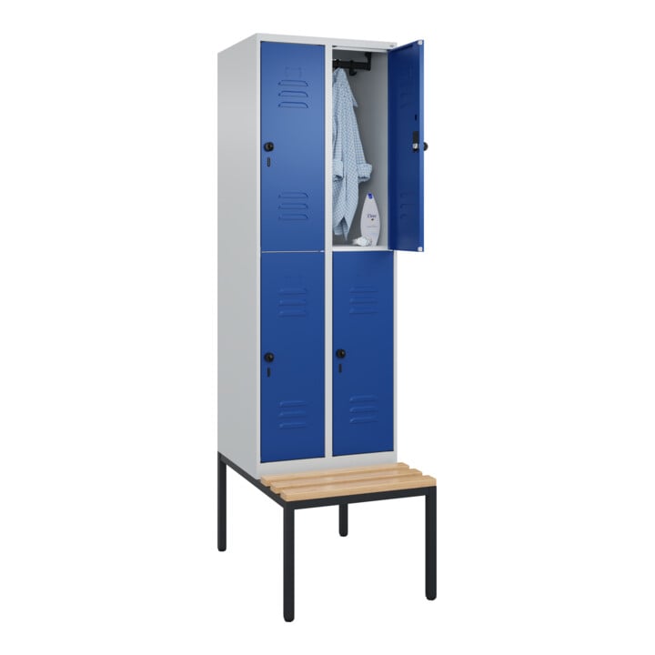 C+P Doppelstock-Spind Classic PLUS, Bank, 2 Abteile, 2120x600x815mm, 7035/5010 Verschluss Sicherheits-Drehriegel Sitzbanktyp untergebaut Material Sitzfläche Buche-Hartholz