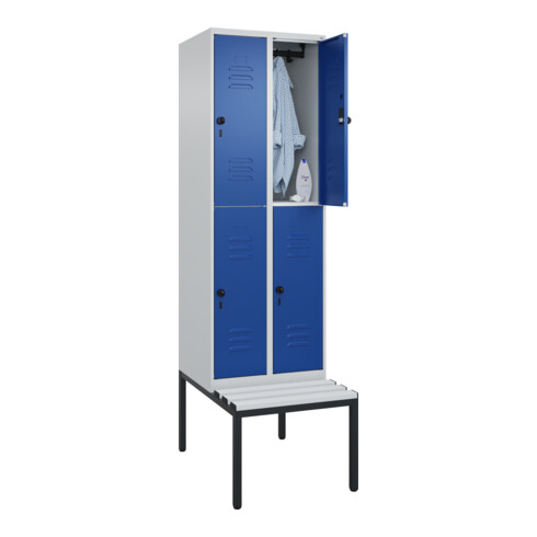 C+P Doppelstock-Spind Classic PLUS, Bank, 2 Abteile, 2120x600x815mm, 7035/5010 Verschluss Sicherheits-Drehriegel Sitzbanktyp untergebaut Material Sitzfläche Kunststoff