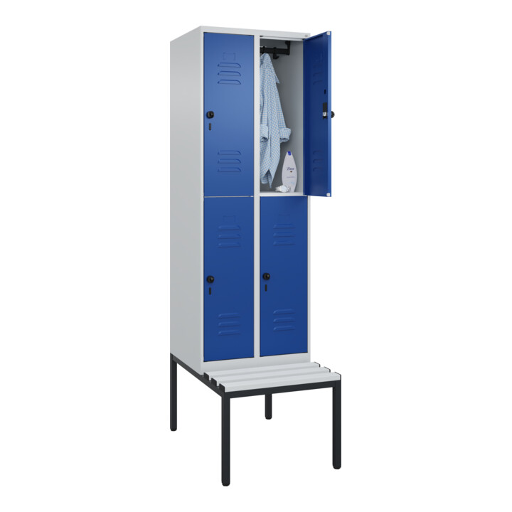 C+P Doppelstock-Spind Classic PLUS, Bank, 2 Abteile, 2120x600x815mm, 7035/5010 Verschluss Sicherheits-Drehriegel Sitzbanktyp untergebaut Material Sitzfläche Kunststoff