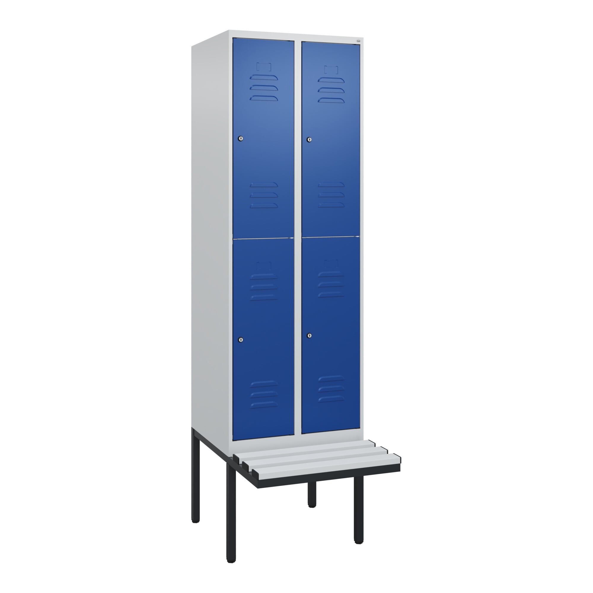 C+P Doppelstock-Spind Classic PLUS, Bank, 2 Abteile, 2120x600x815mm, 7035/5010 Verschluss Zylinderschloss Sitzbanktyp auskragend Material Sitzfläche K