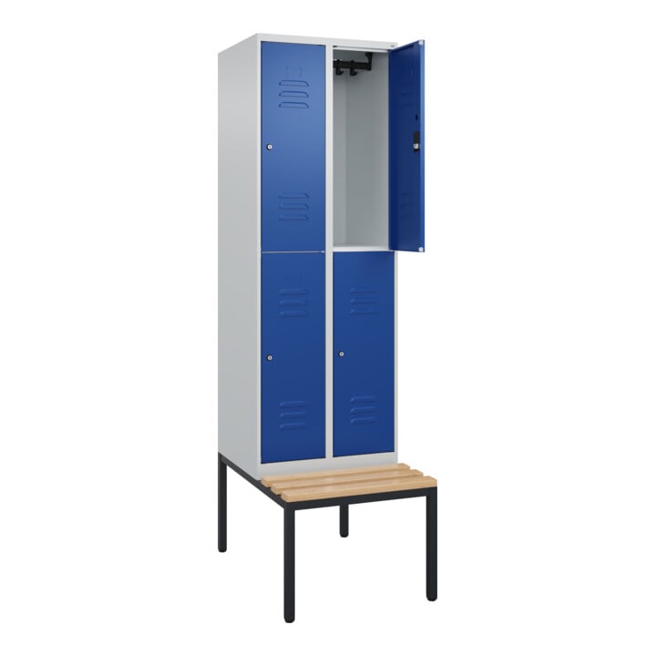C+P Doppelstock-Spind Classic PLUS, Bank, 2 Abteile, 2120x600x815mm, 7035/5010 Verschluss Zylinderschloss Sitzbanktyp untergebaut Material Sitzfläche Buche-Hartholz