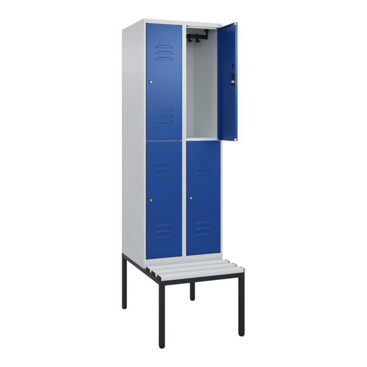 C+P Doppelstock-Spind Classic PLUS, Bank, 2 Abteile, 2120x600x815mm, 7035/5010 Verschluss Zylinderschloss Sitzbanktyp untergebaut Material Sitzfläche Kunststoff