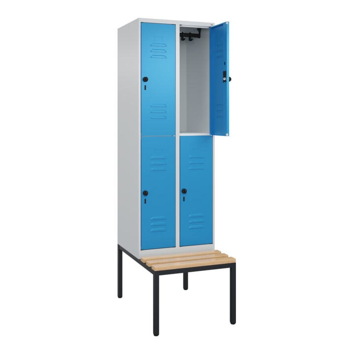 C+P Doppelstock-Spind Classic PLUS, Bank, 2 Abteile, 2120x600x815mm, 7035/5012 Verschluss Sicherheits-Drehriegel Sitzbanktyp untergebaut Material Sitzfläche Buche-Hartholz
