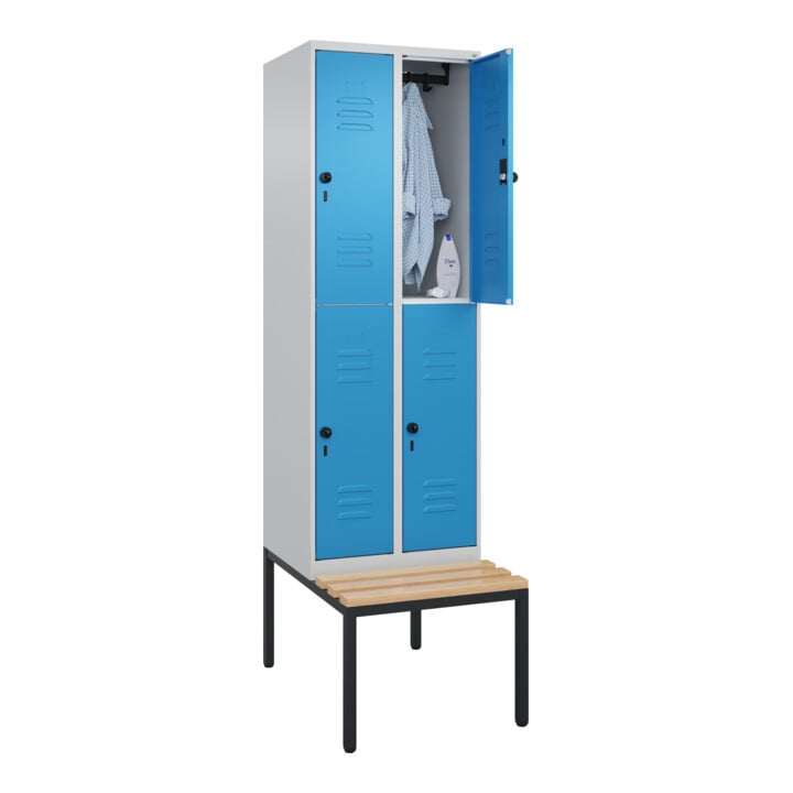 C+P Doppelstock-Spind Classic PLUS, Bank, 2 Abteile, 2120x600x815mm, 7035/5012 Verschluss Sicherheits-Drehriegel Sitzbanktyp untergebaut Material Sitzfläche Buche-Hartholz