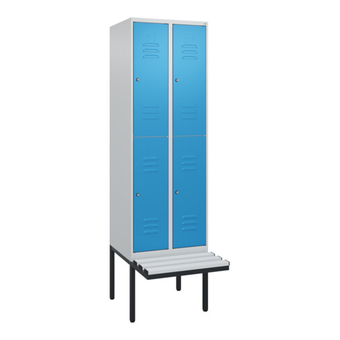 C+P Doppelstock-Spind Classic PLUS, Bank, 2 Abteile, 2120x600x815mm, 7035/5012 Verschluss Zylinderschloss Sitzbanktyp auskragend Material Sitzfläche Kunststoff