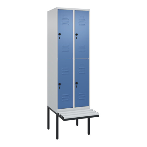 C+P Doppelstock-Spind Classic PLUS, Bank, 2 Abteile, 2120x600x815mm, 7035/5023 Verschluss Sicherheits-Drehriegel Sitzbanktyp auskragend Material Sitzfläche Kunststoff