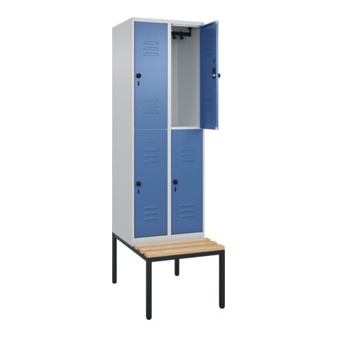 C+P Doppelstock-Spind Classic PLUS, Bank, 2 Abteile, 2120x600x815mm, 7035/5023 Verschluss Sicherheits-Drehriegel Sitzbanktyp untergebaut Material Sitzfläche Buche-Hartholz