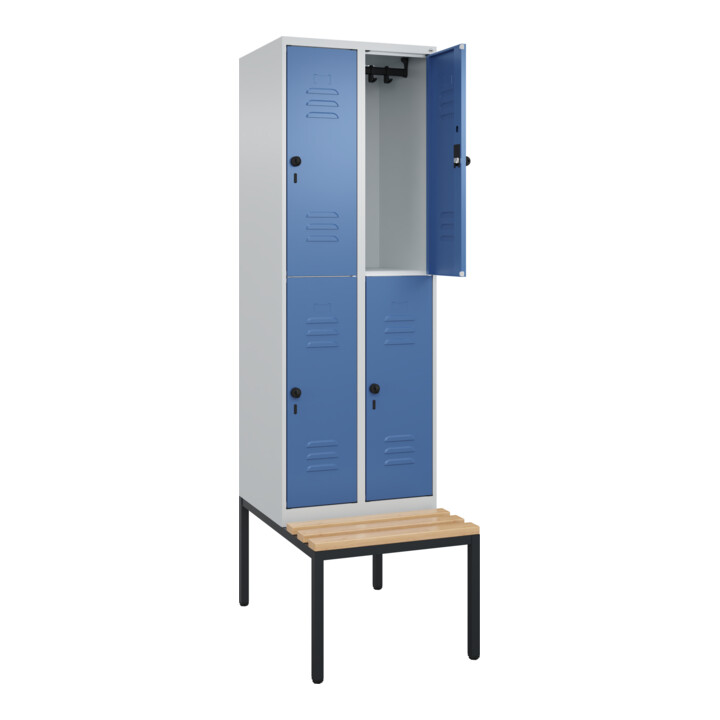 C+P Doppelstock-Spind Classic PLUS, Bank, 2 Abteile, 2120x600x815mm, 7035/5023 Verschluss Sicherheits-Drehriegel Sitzbanktyp untergebaut Material Sitzfläche Buche-Hartholz