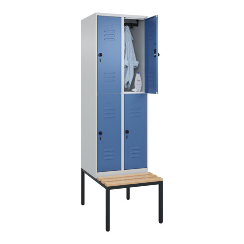 C+P Doppelstock-Spind Classic PLUS, Bank, 2 Abteile, 2120x600x815mm, 7035/5023 Verschluss Sicherheits-Drehriegel Sitzbanktyp untergebaut Material Sitzfläche Buche-Hartholz
