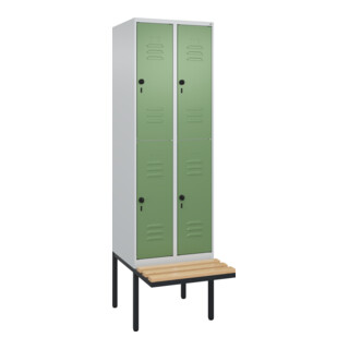 C+P Doppelstock-Spind Classic PLUS, Bank, 2 Abteile, 2120x600x815mm, 7035/6011 Verschluss Sicherheits-Drehriegel Sitzbanktyp auskragend Material Sitzfläche Buche-Hartholz
