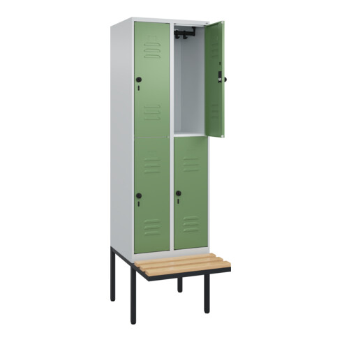 C+P Doppelstock-Spind Classic PLUS, Bank, 2 Abteile, 2120x600x815mm, 7035/6011 Verschluss Sicherheits-Drehriegel Sitzbanktyp auskragend Material Sitzfläche Buche-Hartholz