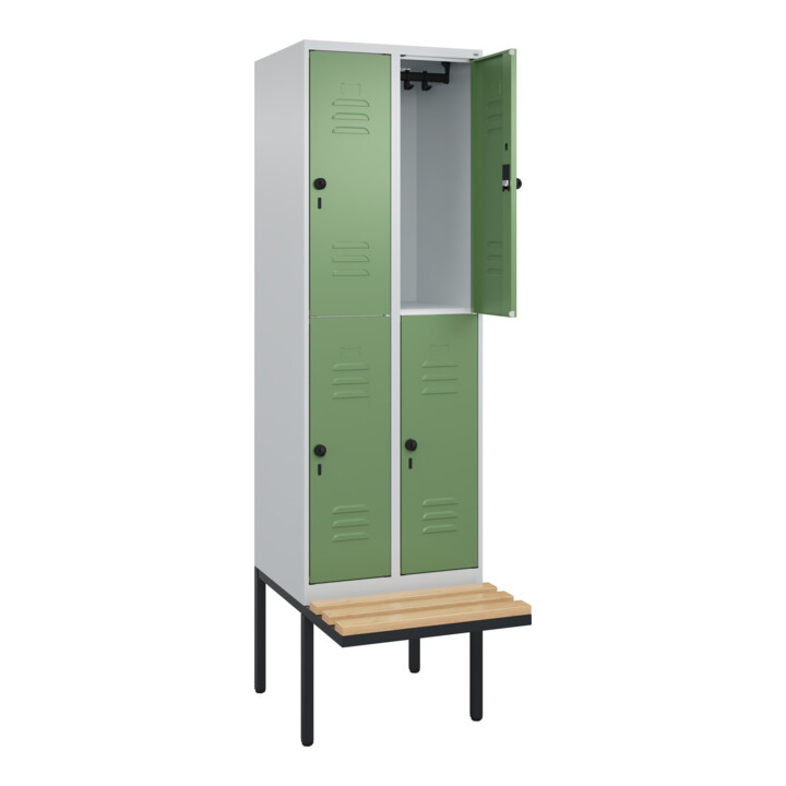 C+P Doppelstock-Spind Classic PLUS, Bank, 2 Abteile, 2120x600x815mm, 7035/6011 Verschluss Sicherheits-Drehriegel Sitzbanktyp auskragend Material Sitzfläche Buche-Hartholz