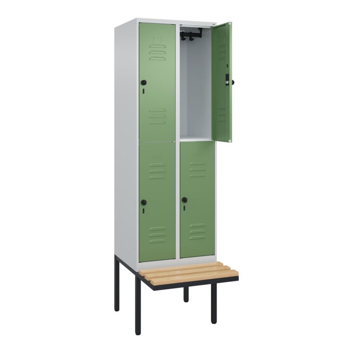 C+P Doppelstock-Spind Classic PLUS, Bank, 2 Abteile, 2120x600x815mm, 7035/6011 Verschluss Sicherheits-Drehriegel Sitzbanktyp auskragend Material Sitzfläche Buche-Hartholz