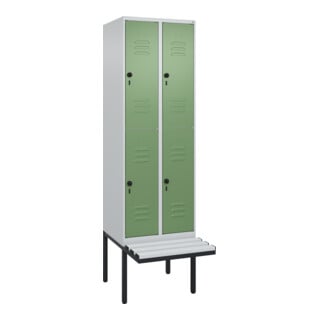 C+P Doppelstock-Spind Classic PLUS, Bank, 2 Abteile, 2120x600x815mm, 7035/6011 Verschluss Sicherheits-Drehriegel Sitzbanktyp auskragend Material Sitzfläche Kunststoff