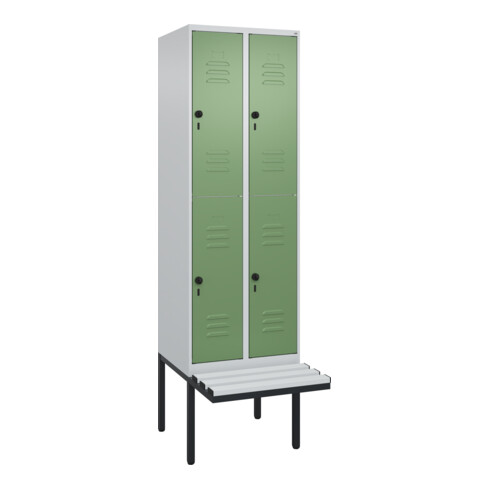 C+P Doppelstock-Spind Classic PLUS, Bank, 2 Abteile, 2120x600x815mm, 7035/6011 Verschluss Sicherheits-Drehriegel Sitzbanktyp auskragend Material Sitzfläche Kunststoff