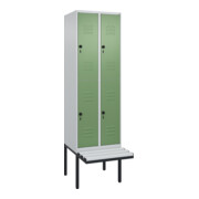 C+P Doppelstock-Spind Classic PLUS, Bank, 2 Abteile, 2120x600x815mm, 7035/6011 Verschluss Sicherheits-Drehriegel Sitzbanktyp auskragend Material Sitzfläche Kunststoff