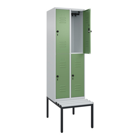 C+P Doppelstock-Spind Classic PLUS, Bank, 2 Abteile, 2120x600x815mm, 7035/6011 Verschluss Sicherheits-Drehriegel Sitzbanktyp untergebaut Material Sitzfläche Kunststoff