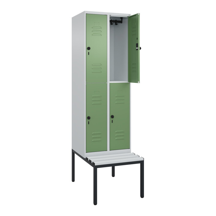C+P Doppelstock-Spind Classic PLUS, Bank, 2 Abteile, 2120x600x815mm, 7035/6011 Verschluss Sicherheits-Drehriegel Sitzbanktyp untergebaut Material Sitzfläche Kunststoff