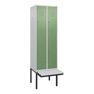 C+P Doppelstock-Spind Classic PLUS, Bank, 2 Abteile, 2120x600x815mm, 7035/6011 Verschluss Zylinderschloss Sitzbanktyp auskragend Material Sitzfläche Kunststoff