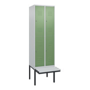 C+P Doppelstock-Spind Classic PLUS, Bank, 2 Abteile, 2120x600x815mm, 7035/6011 Verschluss Zylinderschloss Sitzbanktyp auskragend Material Sitzfläche Kunststoff